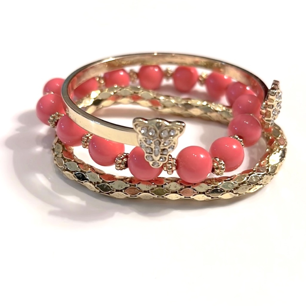 3 Gold Bracelets Gold Pink  Gold Gold Jaguar Bracelets Costume Jewelry